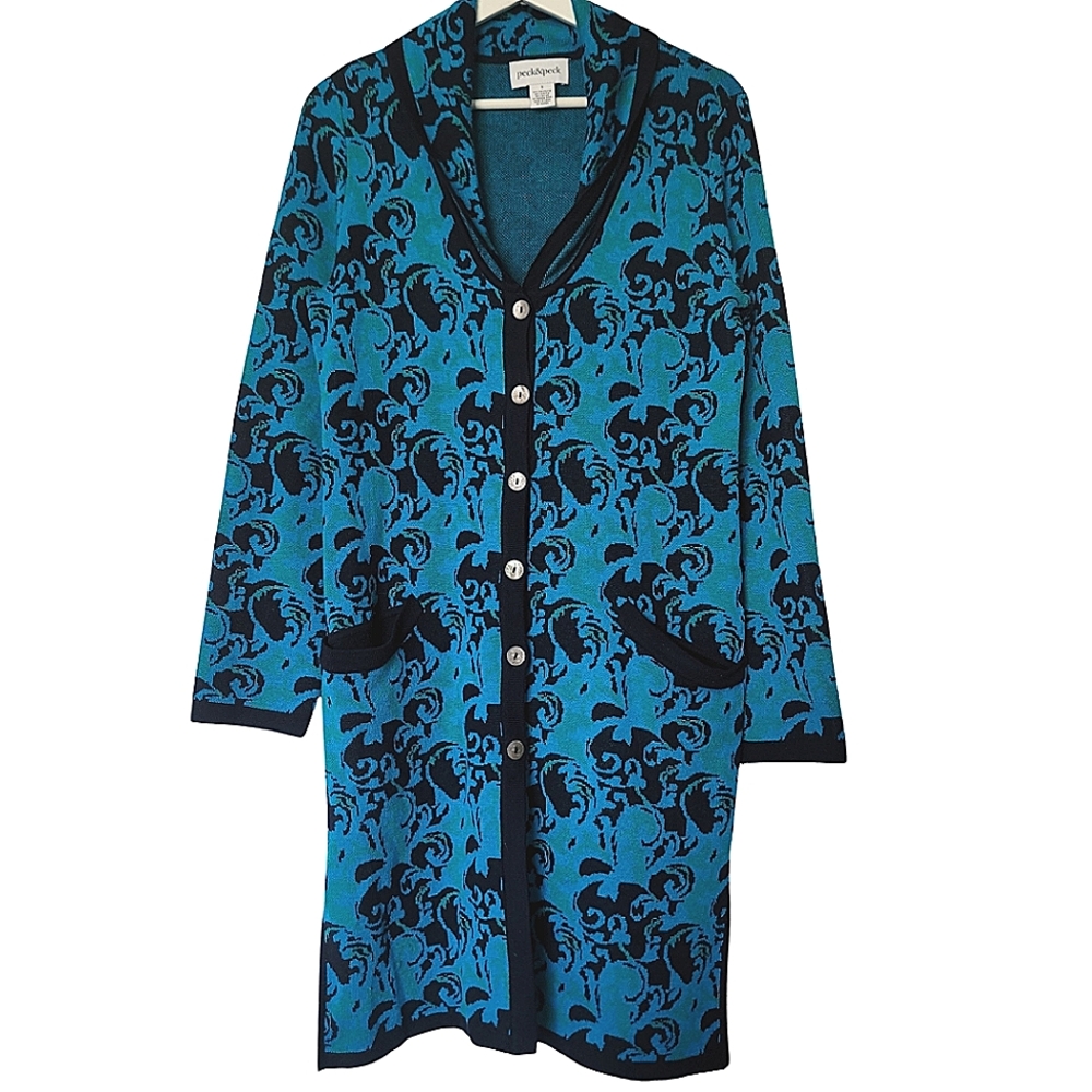 Peck & Peck Blue Vintage Long Knit Cardigan Sweater Size Small